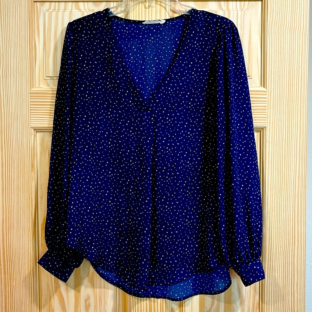Navy Blue, yellow/white dotted V-neck, long sleeve blouse